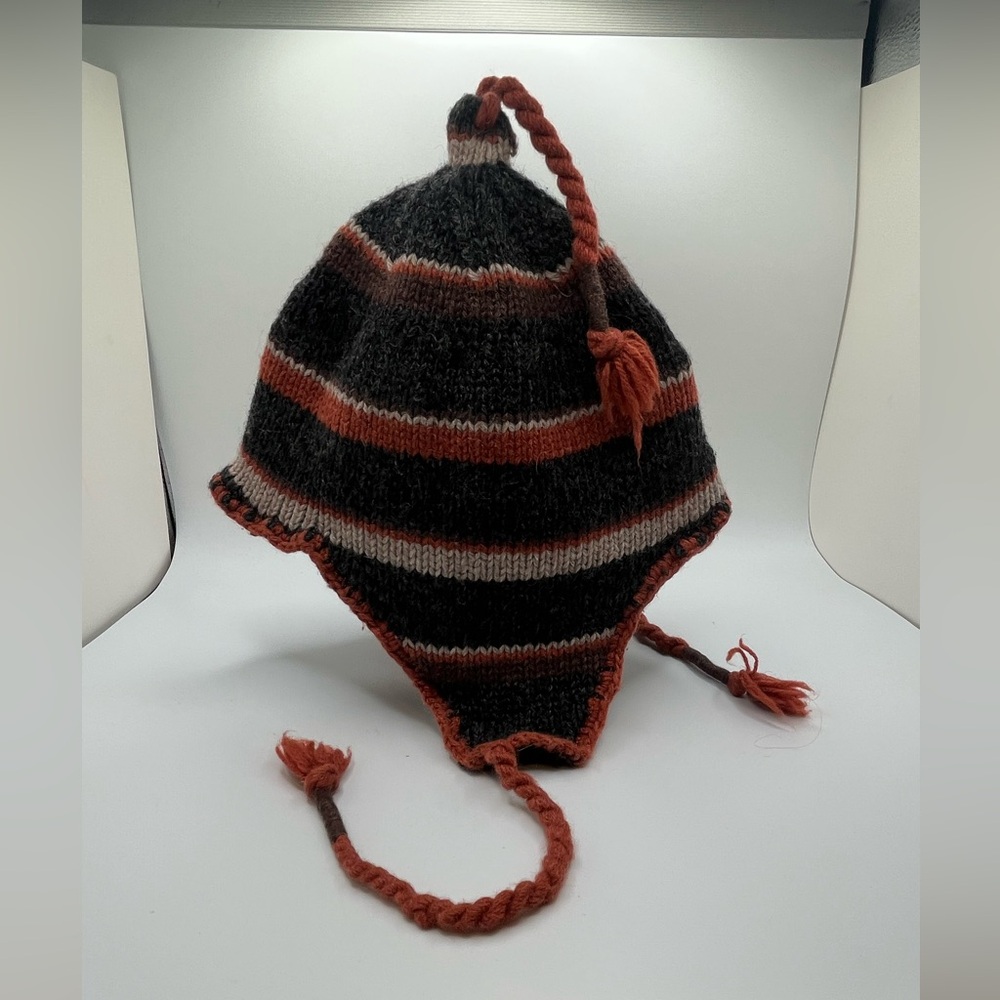 Black and Brown Wool Blend Cozy Striped knit Winter Hat with Earflaps OS